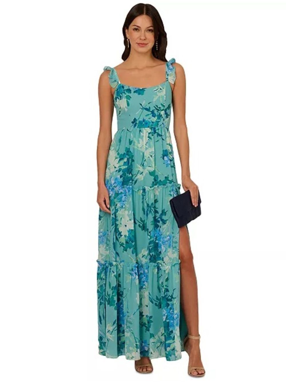 NWT Adrianna Papell Green Ruffle Tiered Chiffon Gown Dress Size 18